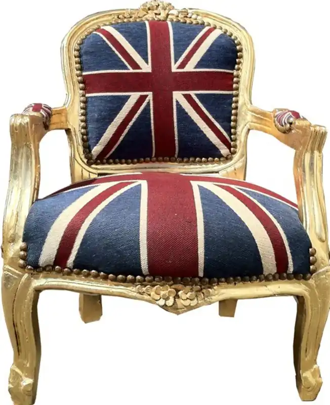 Barock Kinder Stuhl Union Jack/Gold- Armlehnstuhl Knallerangebot