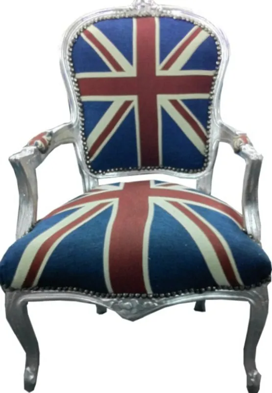 Casa Padrino Barock Salon Stuhl Union Jack Design / Silber Preis Gesenkt