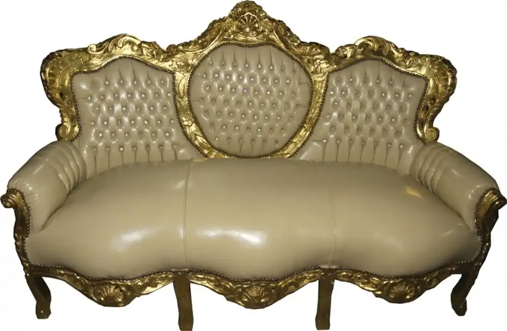 Casa Padrino Barock Sofa Garnitur Creme / Gold Lederoptik Bling Bling - Möbel Antik Stil Neu