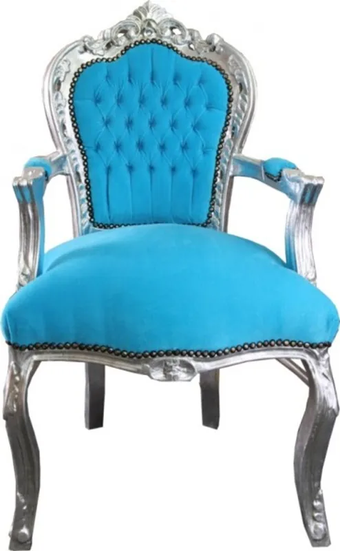 Barock Esszimmer Stuhl Türkis / Silber mit Armlehnen Top-Preis