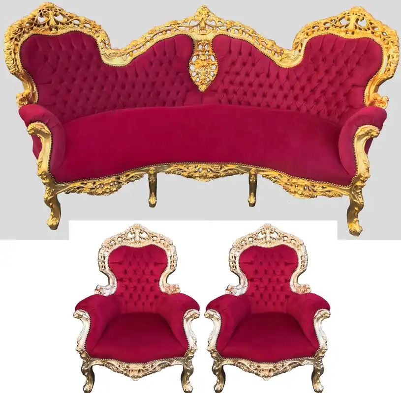Barock Sofa Garnitur Bordeaux Muster / Gold + 2 Sessel - Wohnzimmer Barock Jetzt Kaufen