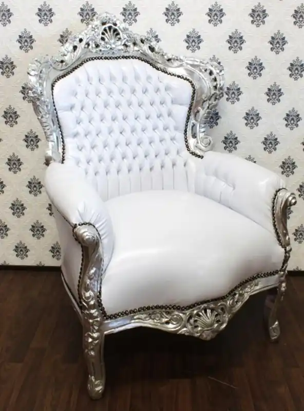 Barock Sessel King Weiß/Silber Lederoptik - Möbel Antik Stil Geprüft