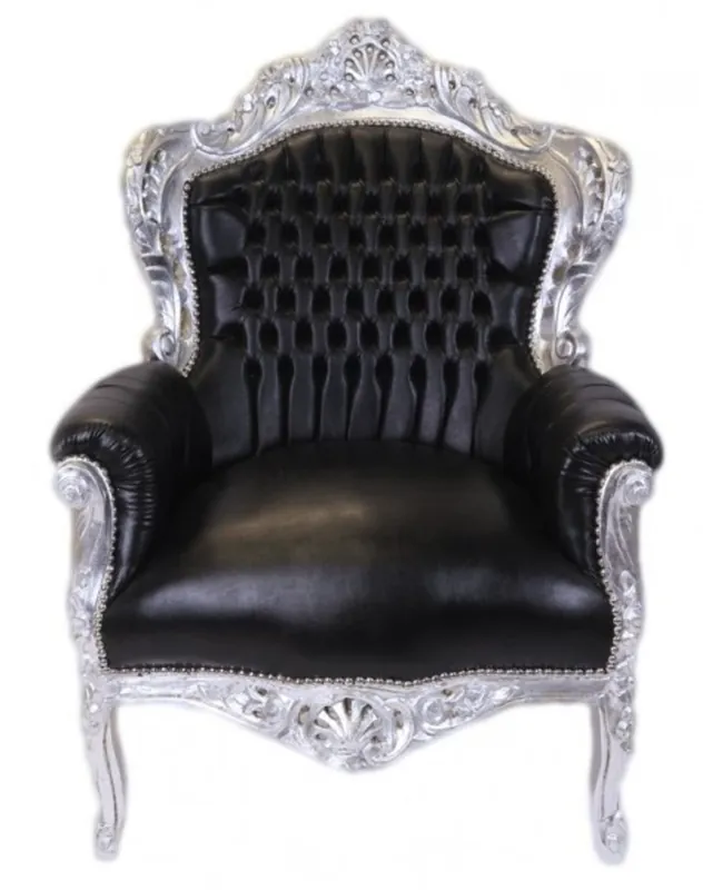 Casa Padrino Barock Sessel King Schwarz / Silber Lederoptik - Möbel Antik Stil Jetzt Kaufen