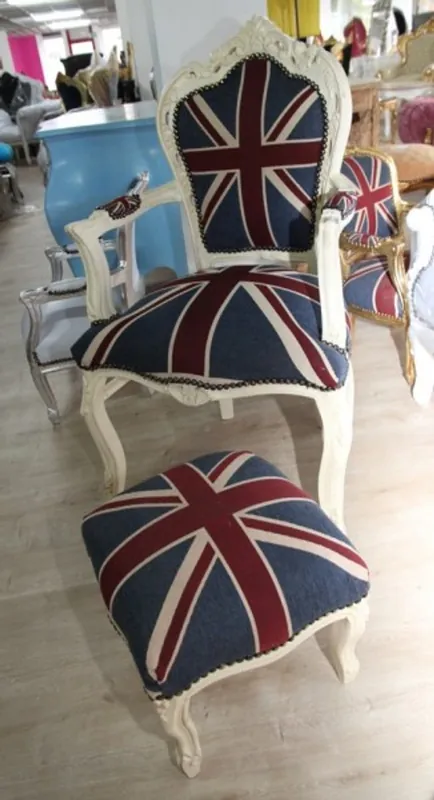 Preiswert Casa Padrino Barock Esszimmerstuhl mit Armlehnen Union Jack / Creme + dazugehöriger Fußhocker
