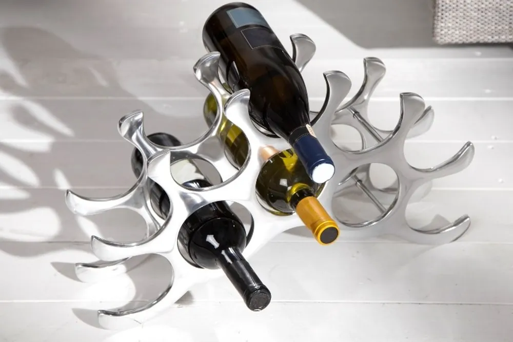 Designer Weinregal für 10 Flaschen aus poliertem Aluminium Höhe: 28 cm, Breite: 48 cm, Tiefe: 11cm - Flaschenhalter, Flaschenablage Ausverkauf