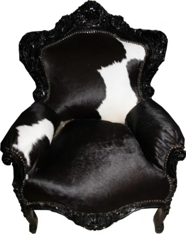 Casa Padrino Barock Sessel King Kuhfell / Schwarz - Echtes Kuhfell - Antik Setil Fell Sessel - Möbel Geprüft