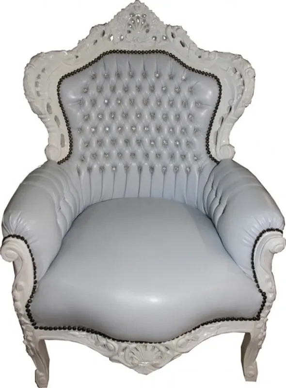 Barock Sessel King Weiss/Weiss Lederoptik mit Bling Bling Glitzersteinen - Unikat Letzte Chance