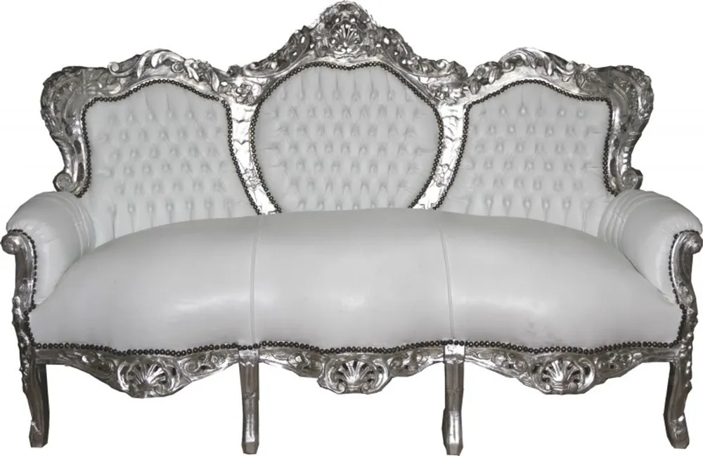 Casa Padrino Barock Sofa King Weiß/Silber Lederoptik - Möbel Wohnzimmer Nur Für Kurze Zeit