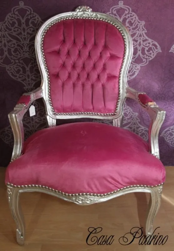 Casa Padrino Barock Salon Stuhl Rosa/Silber - Barock Antik Stil Möbel Echt