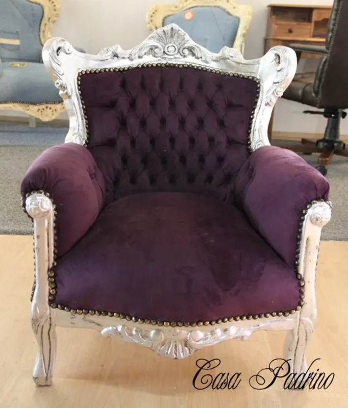 Markenprodukt Casa Padrino Barock Kinder Sessel Lila/Silber - Kinderthron Thron Tron - Barock Stil Möbel