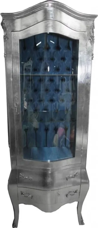 Nur Heute Casa Padrino Barock Vitrine Silber mit Azzurfarbenen Innenstoff - Antik Stil Möbel