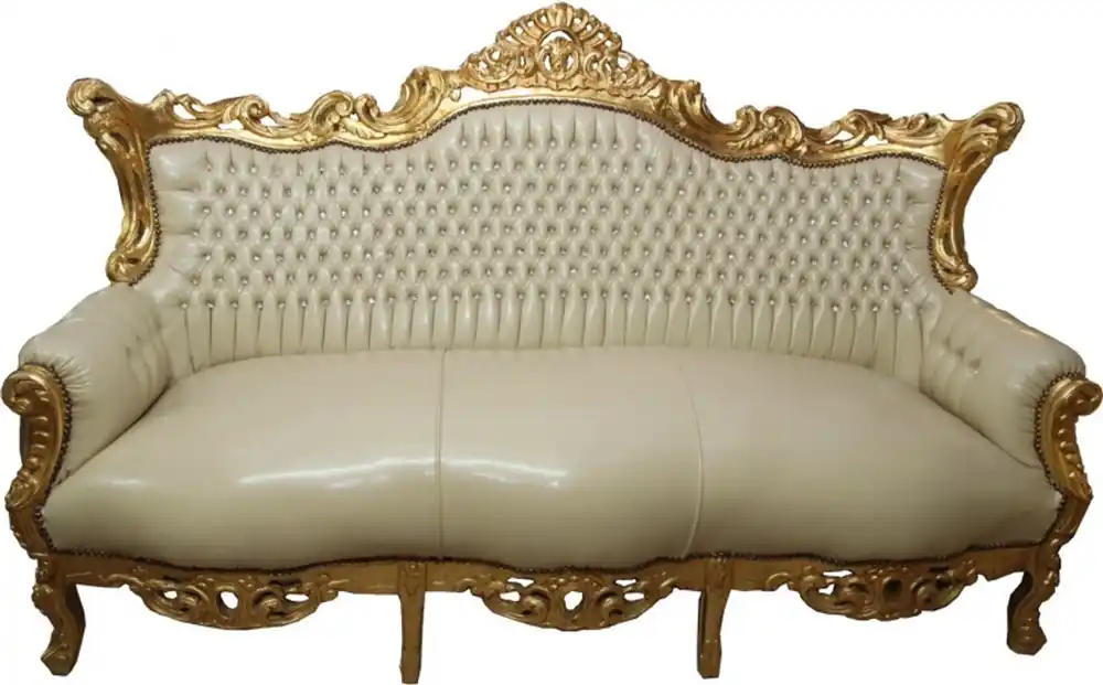 Günstig Casa Padrino Barock 3er Sofa Master Creme Lederoptik / Gold mit Bling Bling Glitzersteinen - Antik Stil Möbel