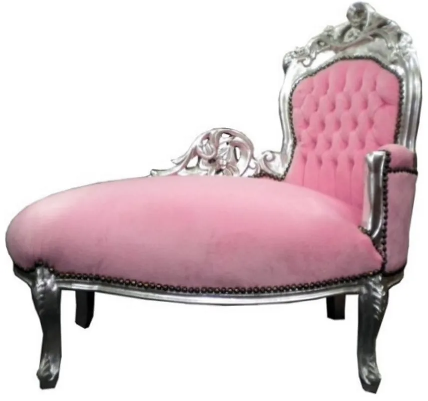 Casa Padrino Barock Kinder Chaiselongue Rosa/Silver Mod 2 - Recamiere Barock Möbel Sonderangebot