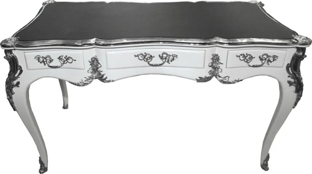 Casa Padrino Luxus Barock Schreibtisch Weiß Hochglanz Silber Sekretär Super-Preis