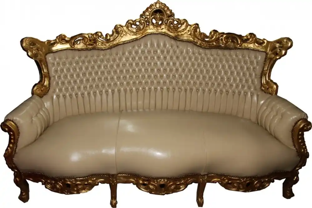 Casa Padrino Barock 3er Sofa Master Creme Lederoptik / Gold - Antik Stil Möbel Top-Preis