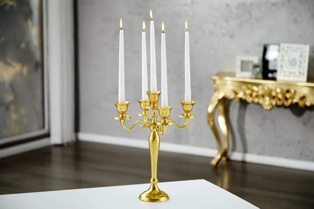 Casa Padrino Designer Kerzenhalter aus poliertem Aluminium Gold Shine Classic 5-armig Höhe 40 cm - Kerzenständer Sofort Bestellen