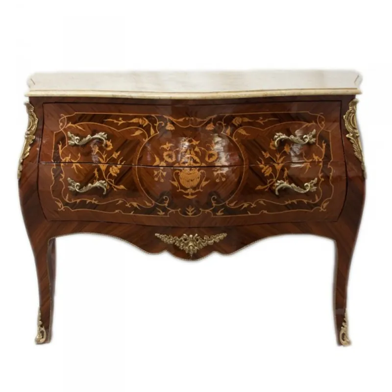 Casa Padrino Barock Kommode Braun Intarsien mit Marmorplatte 100cm Mod2 Geprüft
