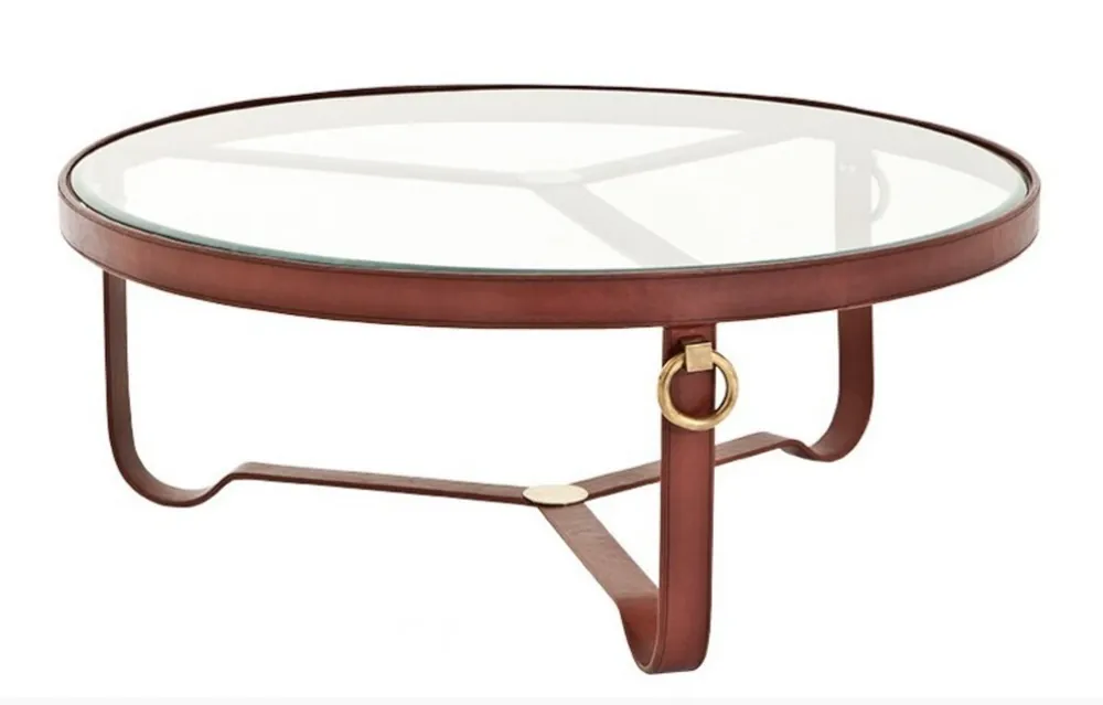 Casa Padrino Luxus Designer Couchtisch mit Glasplatte Rund Echtleder mit Messing Applikationen Saisonangebot