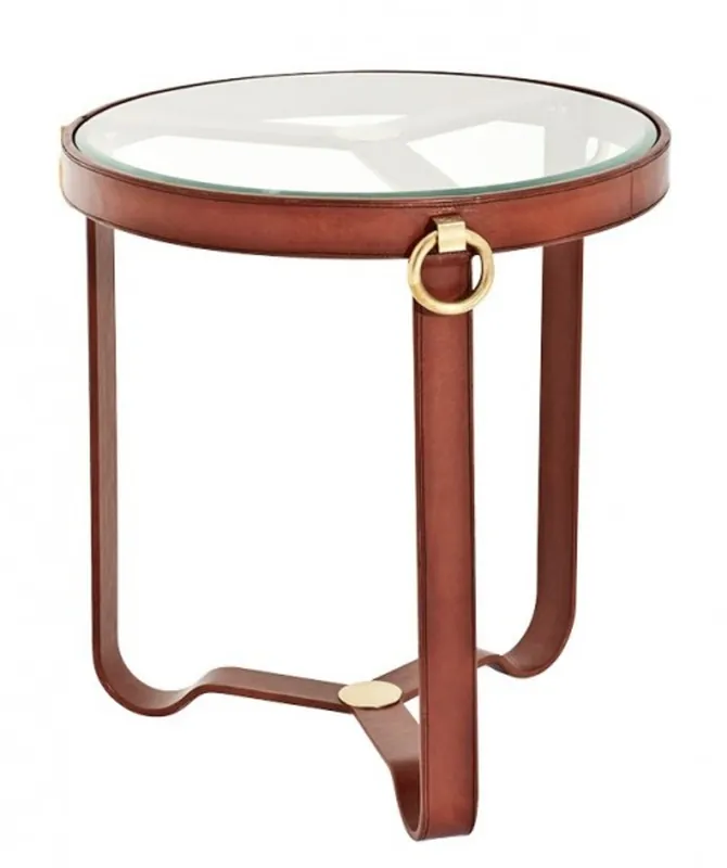 Letzte Chance Casa Padrino Luxus Designer Beistelltisch mit Glasplatte Rund Echtleder mit Messing Applikationen