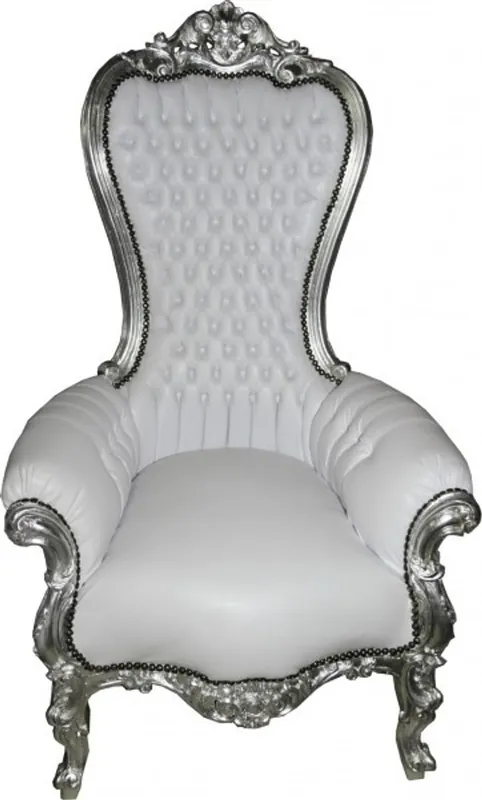 Casa Padrino Barock Thron Sessel Majestic Medium Weiß Lederoptik /Silber - Riesensessel - Thron Stuhl Tron Abverkauf