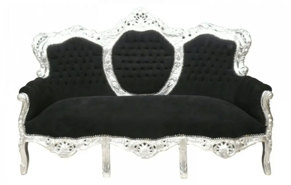 Casa Padrino Barock Sofa Garnitur King Schwarz/Silber - Möbel Wohnzimmer Couch Knallerangebot