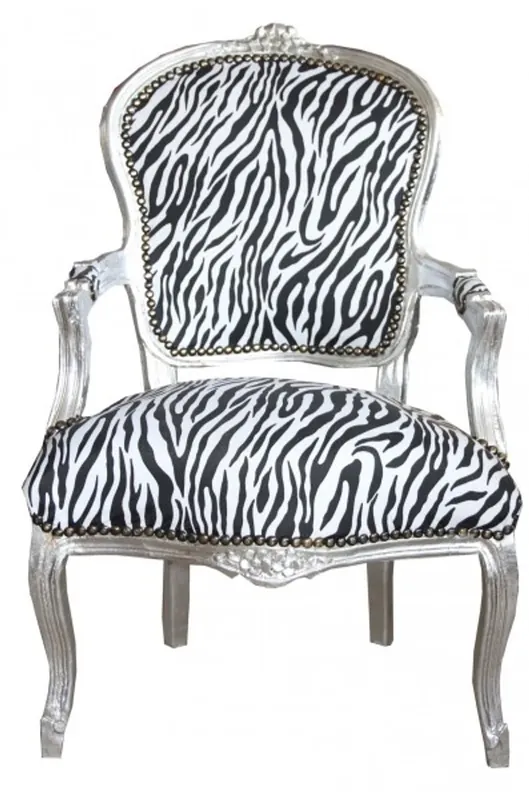 Casa Padrino Barock Salon Stuhl Zebra / Silber - Möbel Interior Schneller Versand