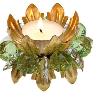 Casa Padrino Luxus Teelichthalter mit Swarovski Kristallglas Gold / Grün Ø 9 x H. 6 cm - Luxus Wohnzimmer Deko Accessoires Neuheit