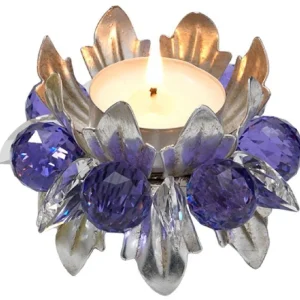 Casa Padrino Luxus Teelichthalter mit Swarovski Kristallglas Silber / Violett Ø 9 x H. 6 cm - Luxus Wohnzimmer Deko Accessoires Must-Have