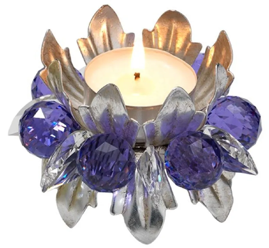 Casa Padrino Luxus Teelichthalter mit Swarovski Kristallglas Silber / Violett Ø 9 x H. 6 cm - Luxus Wohnzimmer Deko Accessoires Must-Have