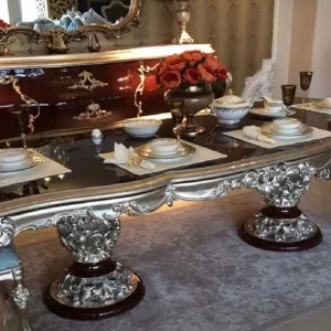 Casa Padrino Luxus Barock Esstisch Dunkelbraun / Silber - Hochwertiger handgefertigter Massivholz Esszimmertisch im Barockstil - Barock Esszimmer Möbel - Edel & Prunkvoll Bestseller