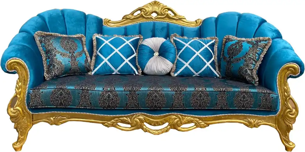 Casa Padrino Luxus Barock Sofa Türkismuster / Gold 220 x 90 x H. 110 cm - Prunkvolles Wohnzimmer Sofa mit Glitzersteinen und dekorativen Kissen Neu Im Sortiment