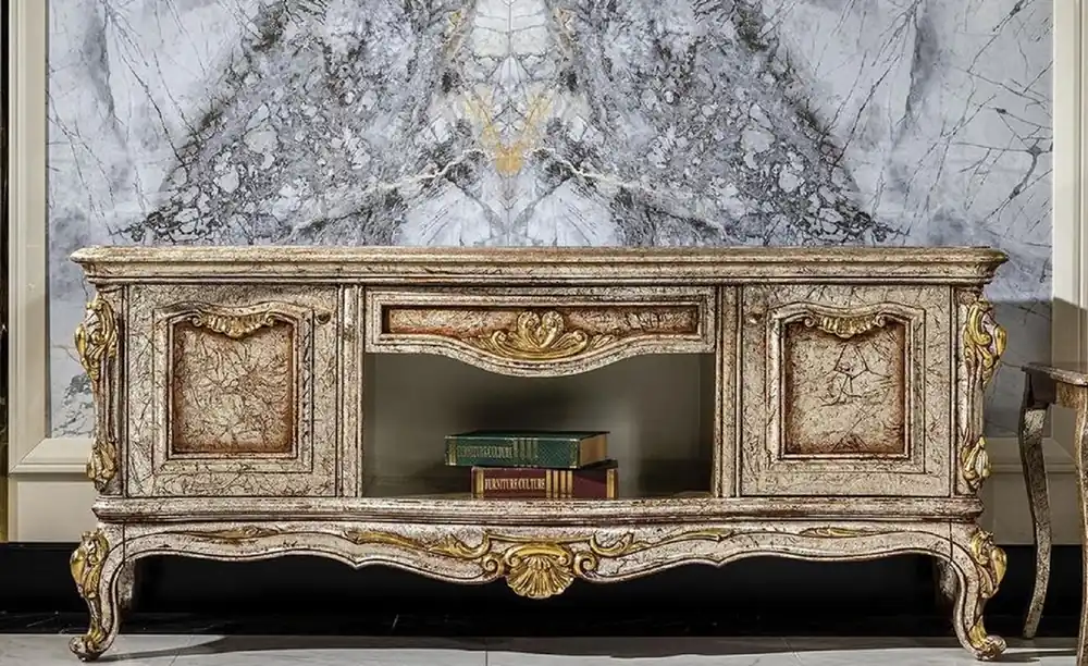 Casa Padrino Luxus Barock TV Schrank Antik Silber / Braun / Gold - Prunkvolles Wohnzimmer Sideboard mit 2 Türen und Schublade - Barock Wohnzimmer Möbel Expressversand