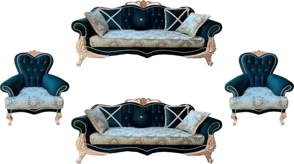 Casa Padrino Luxus Barock Wohnzimmer Set mit elegantem Blumenmuster und Glitzersteinen Türkis / Grün / Creme - 2 Sofas & 2 Sessel - Prunkvolle Barock Wohnzimmer Möbel Heißes Angebot