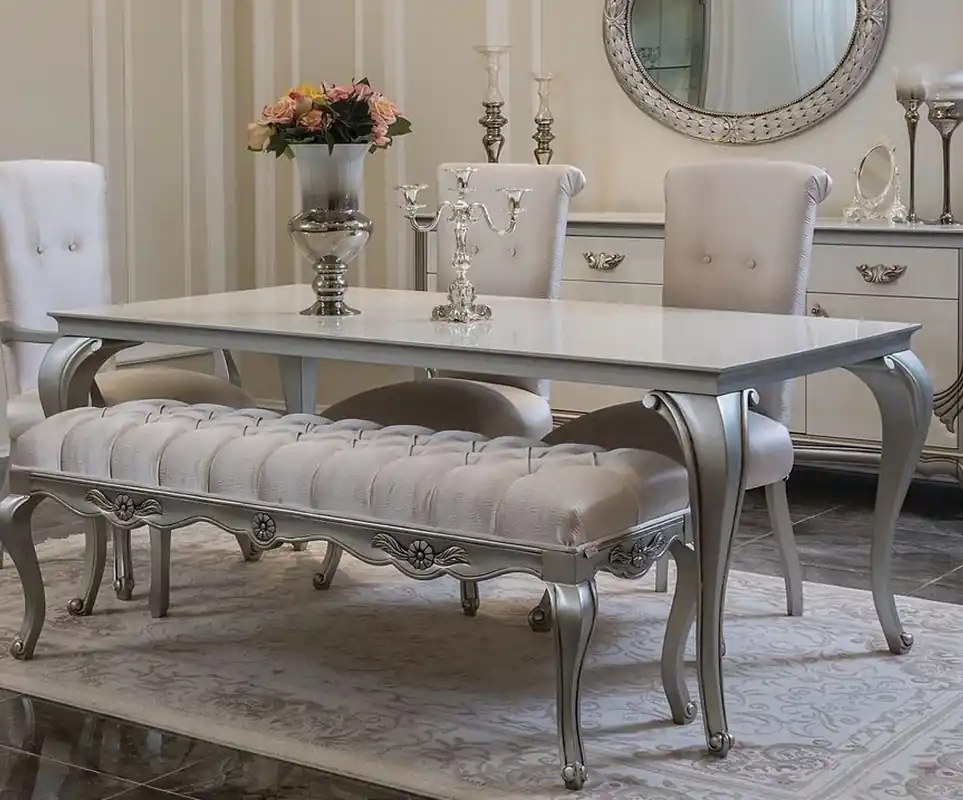 Casa Padrino Luxus Barock Esstisch Weiß / Silber - Eleganter Massivholz Küchentisch im Barockstil - Barock Esszimmer Möbel Sichere Zahlung