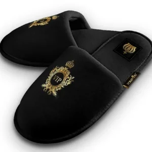 Pompöös by Casa Padrino Luxus Damen VIP Hotelslipper mit Krone Schwarz / Gold - designed by Harald Glööckler Echt