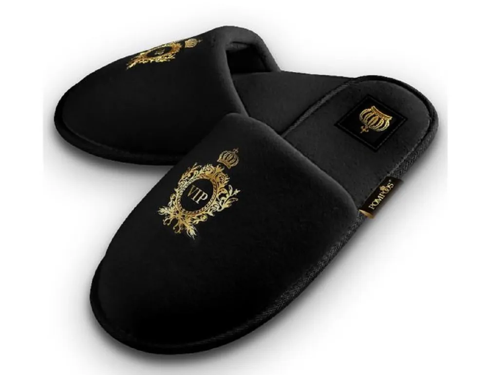 Pompöös by Casa Padrino Luxus Damen VIP Hotelslipper mit Krone Schwarz / Gold - designed by Harald Glööckler Echt