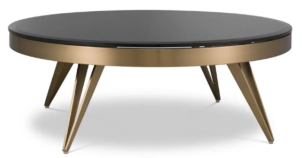 Casa Padrino Luxus Couchtisch Messingfarben / Schwarz Ø 90 x H. 33 cm - Runder Edelstahl Wohnzimmertisch mit Glasplatte - Wohnzimmer Möbel - Luxus Möbel Online Kaufen