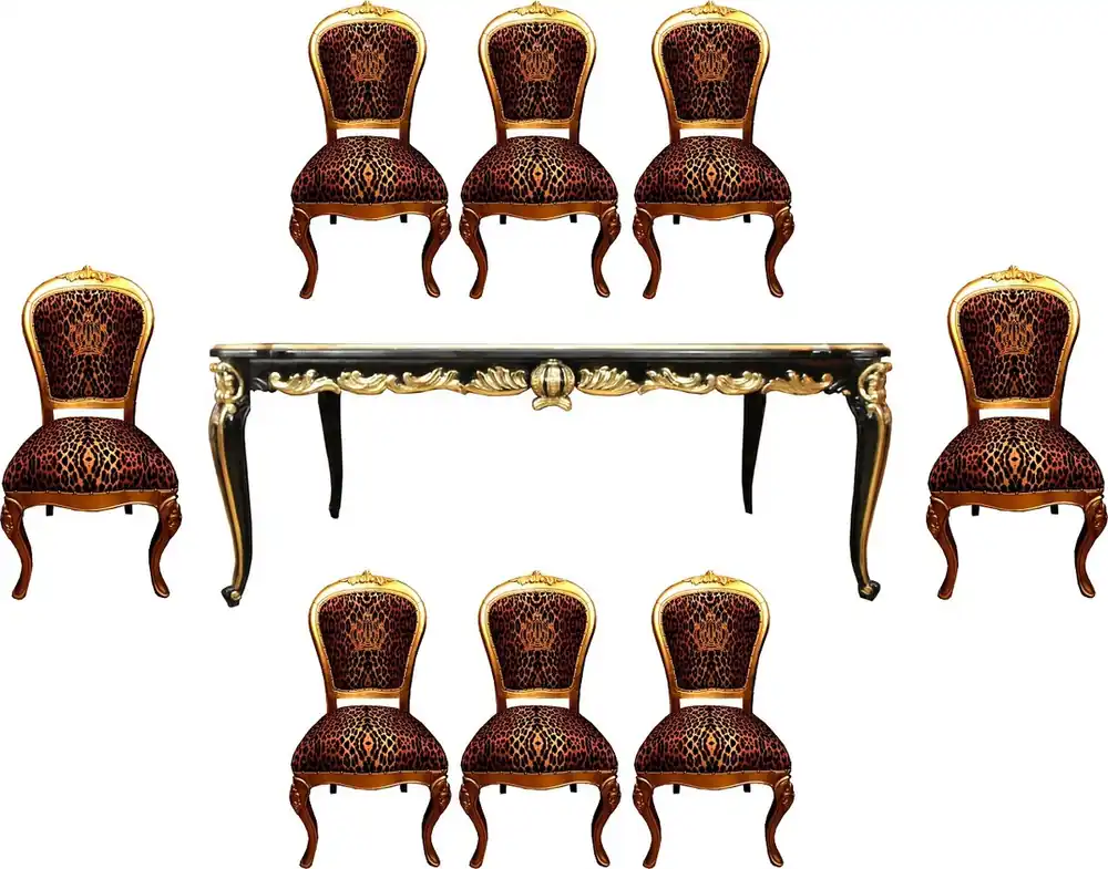 Ausverkauf Pompöös by Casa Padrino Barock Luxus Esszimmer Set - Pompööser Barock Esstisch mit Glasplatte und 8 Stühlen mit Glitzersteinen designed by Harald Glööckler - Barock Esszimmermöbel