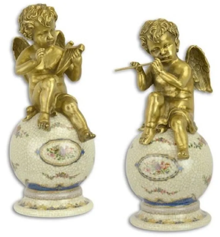 Highlight Casa Padrino Jugendstil Dekofiguren Set Bronze Engel auf Porzellan Kugeln Mehrfarbig / Gold 10,8 x 11,1 x H. 25 cm - Barock & Jugendstil Deko Accessoires