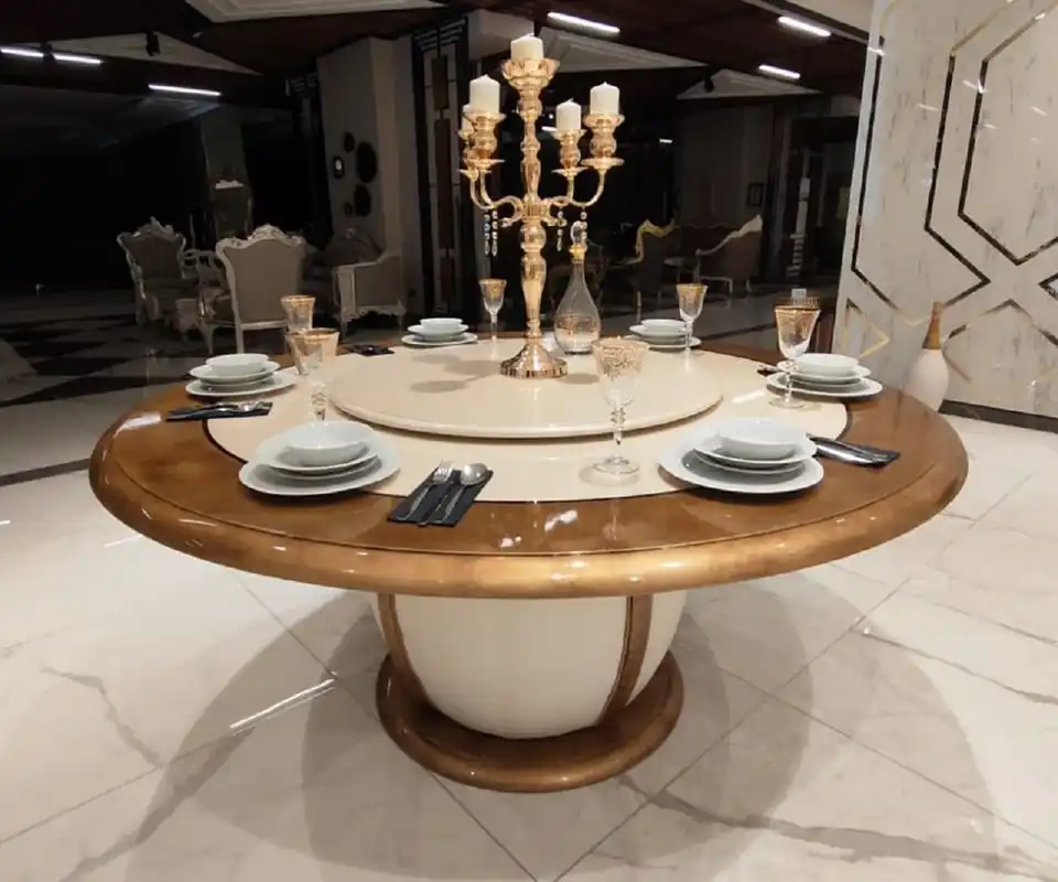 Casa Padrino Luxus Barock Esstisch Cremefarben / Gold - Runder Massivholz Esszimmertisch mit drehbarem Mittelteil - Edle Barock Hotel & Restaurant Möbel Neuheit