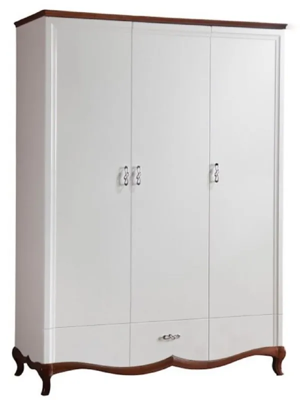Casa Padrino Luxus Jugendstil Schlafzimmerschrank Hochglanz Weiß / Braun 164,2 x 62,5 x H. 209,5 cm - Massivholz Kleiderschrank mit 3 Türen und Schublade - Schlafzimmer Möbel Sale