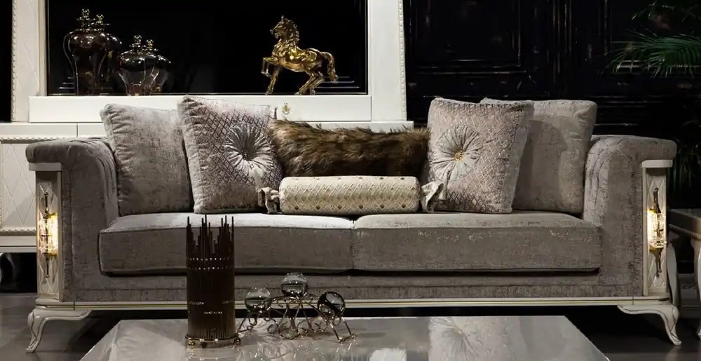 Casa Padrino Luxus Barock Sofa Grau / Weiß / Gold - Beleuchtetes Wohnzimmer Sofa im Barockstil - Barock Wohnzimmer Möbel - Edel & Prunkvoll Zertifiziert