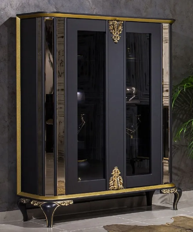 Casa Padrino Luxus Barock Vitrine Schwarz / Gold - Verspiegelter Massivholz Vitrinenschrank mit 2 Türen - Prunkvolle Barock Möbel Markenprodukt