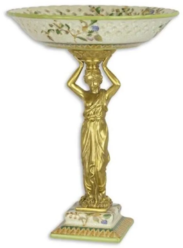 Preisknaller Casa Padrino Jugendstil Deko Schale Mehrfarbig / Gold Ø 25 x H. 33,2 cm - Elegante Porzellan Obstschale mit dekorativer Bronzefigur - Barock & Jugendstil Deko Accessoires