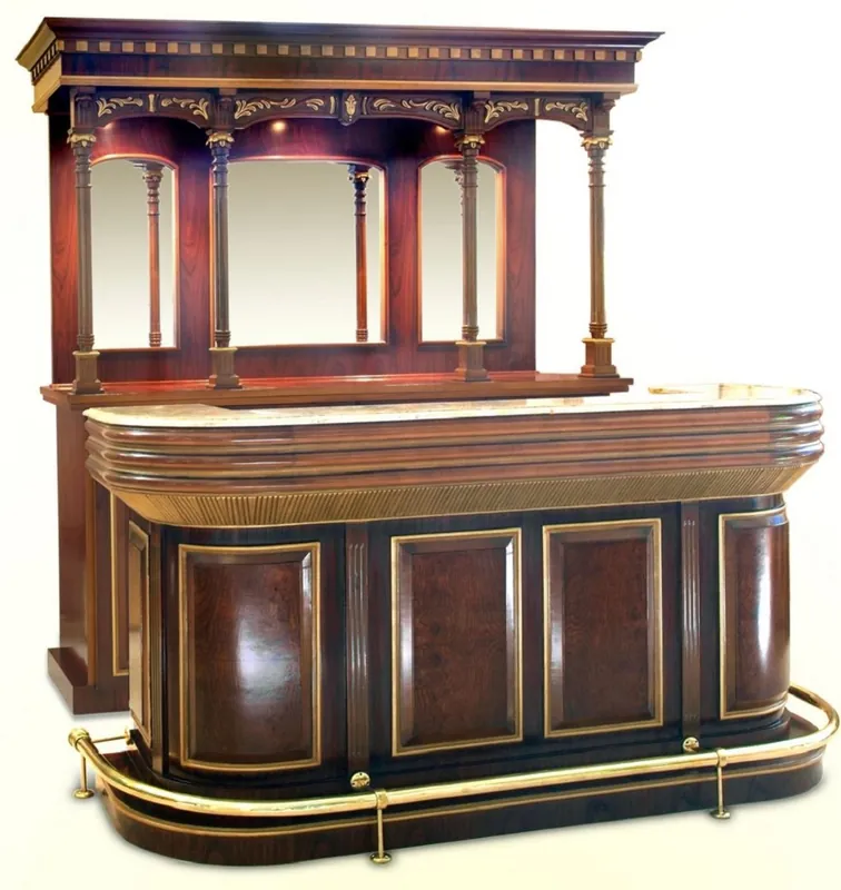 Casa Padrino Luxus Weinbar Braun / Dunkelbraun / Cremefarben / Gold 200,7 x H. 218,4 cm - Massivholz Bar mit Beleuchtung und Marmorplatte - Bar Möbel - Hotel & Restaurant Möbel Günstig