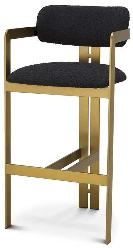 Casa Padrino Luxus Barstuhl Schwarz / Messing 53 x 44,5 x H. 107 cm - Gepolsterter Edelstahl Barhocker - Luxus Barmöbel Sonderangebot
