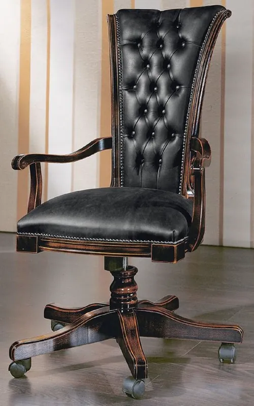 Casa Padrino Luxus Chesterfield Bürostuhl Vintage Schwarz / Dunkelbraun 64 x 49 x H. 107-117 cm - Höhenverstellbarer Schreibtischstuhl mit Echtleder - Büromöbel - Chesterfield Möbel - Echtleder Möbel Top-Preis