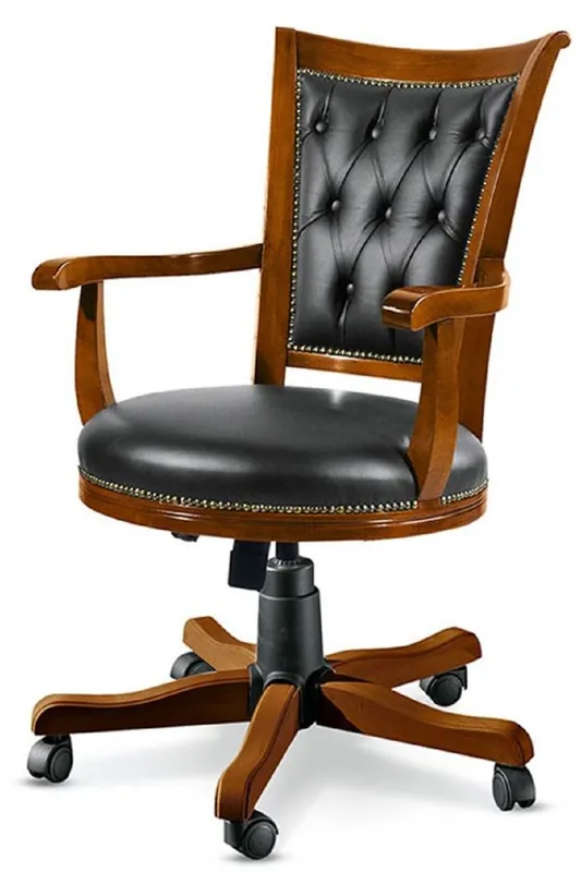 Casa Padrino Luxus Chesterfield Bürostuhl Schwarz / Braun 59 x 60 x H. 100-110 cm - Höhenverstellbarer Schreibtischstuhl mit Echtleder - Büromöbel - Chesterfield Möbel - Echtleder Möbel Solange Der Vorrat Reicht