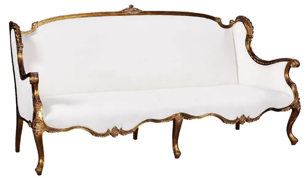 Casa Padrino Luxus Barock Sofa Weiß / Gold - Prunkvolles Wohnzimmer Sofa im Barockstil - Barock Wohnzimmer Möbel - Edel & Prunkvoll Echt