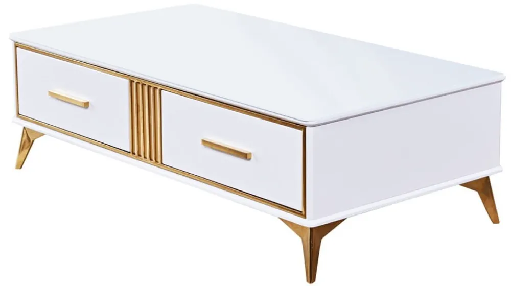 Casa Padrino Luxus Couchtisch Weiß / Gold 130 x 70 x H. 41 cm - Moderner Wohnzimmertisch mit 2 Schubladen - Moderne Wohnzimmer Möbel Must-Have